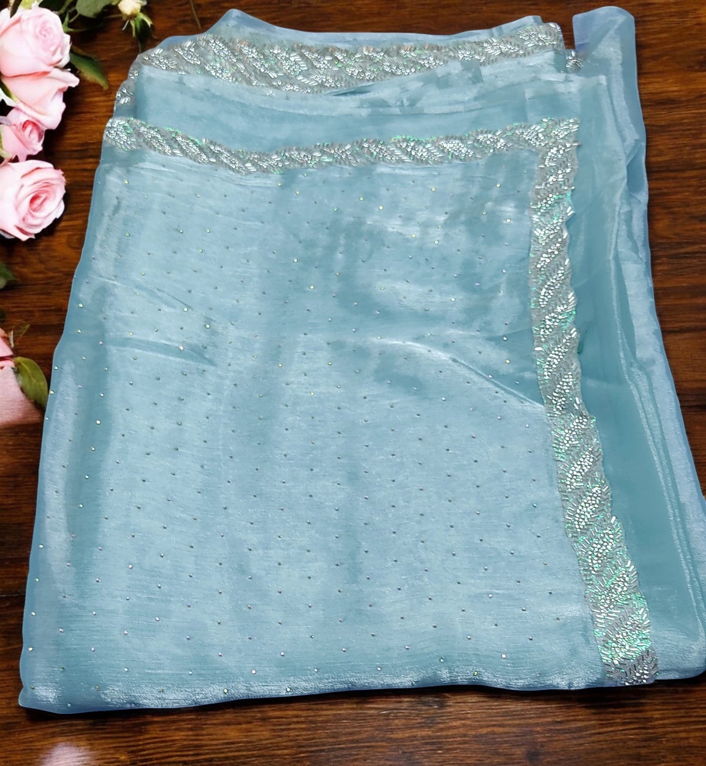 Ice Blue Organza Saree with Silver Zari Border and Floral Embroidery