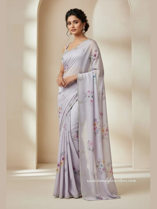 Amethyst haze purple floral saree with a shimmering stone work border.