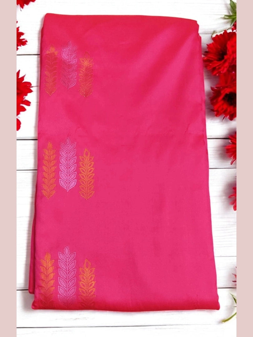 Hot pink copper zari silk saree with reddish brown blouse by Live Colors