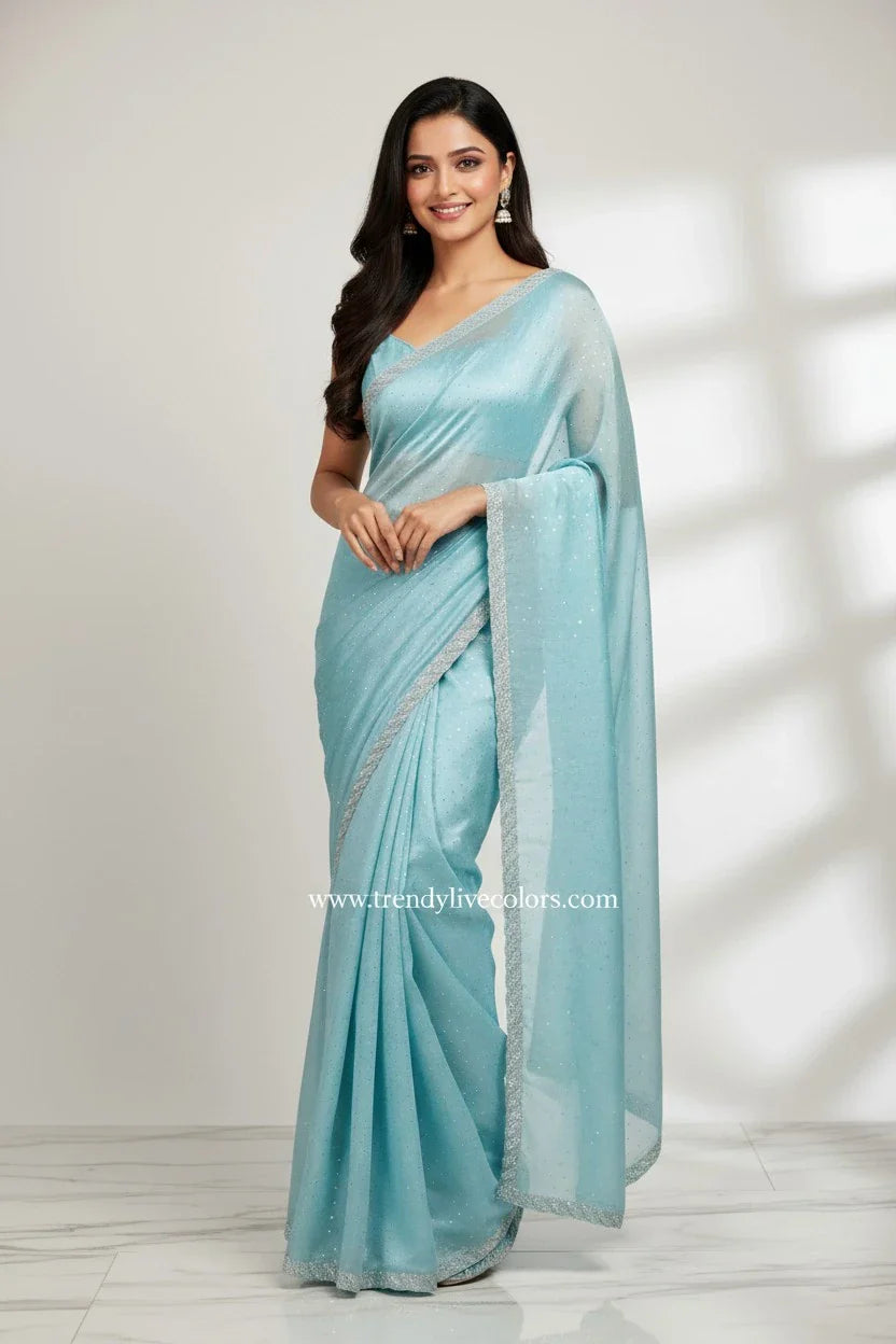 Ice Blue Organza Saree with Silver Zari Border and Floral Embroidery