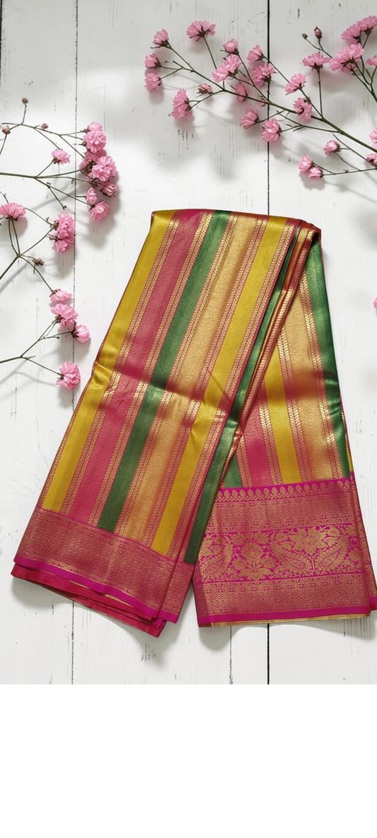 Golden Zari Lehariya  saree- Pink Blouse