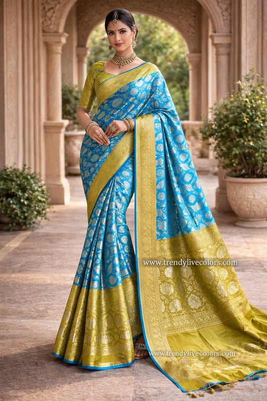 Blue and green floral saree