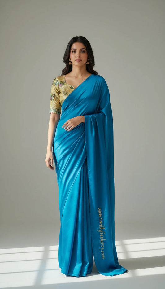 Plain Blue Saree with designer Blouse