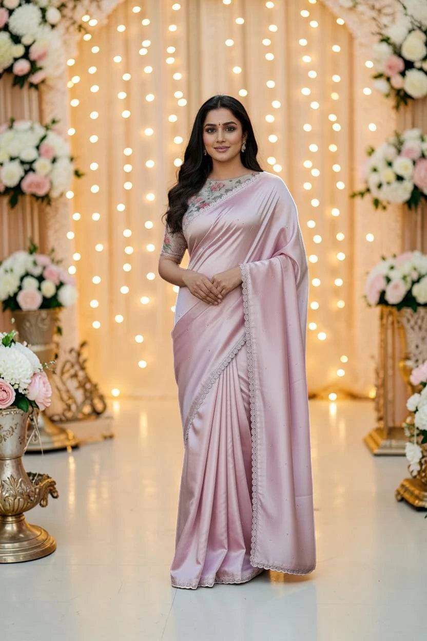 Designer Pastel Pink Satin Saree
