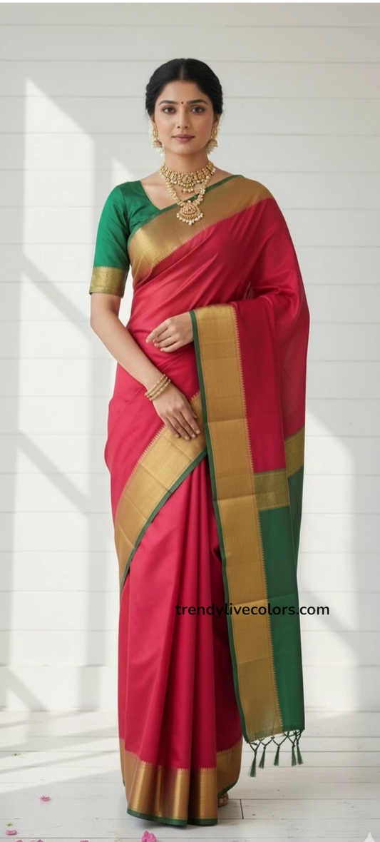 Red SiCrimson Red with Green Zari Silk saree