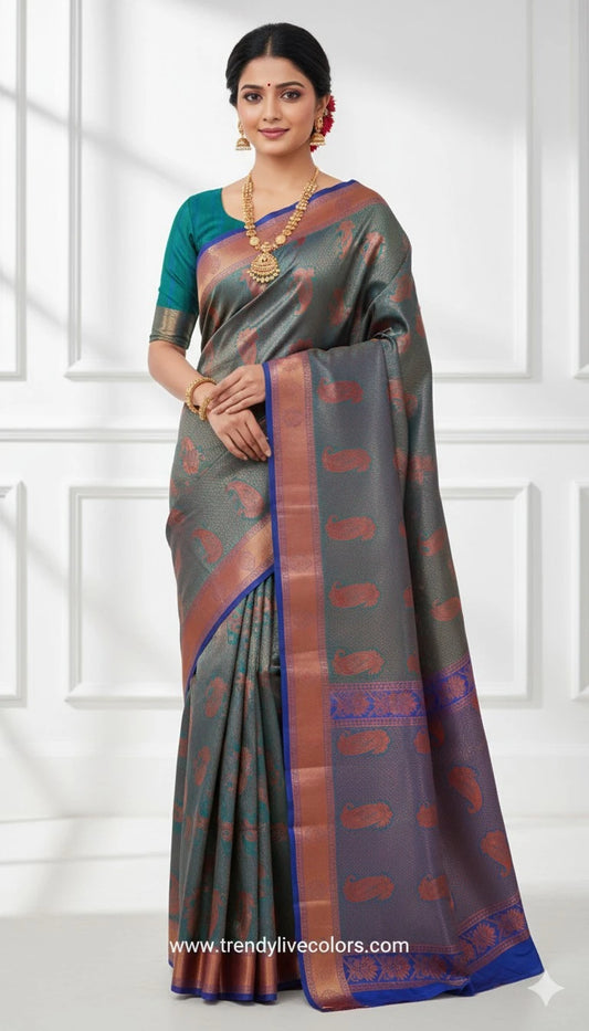 Antique Teal & Royal Azure blue Silk Saree
