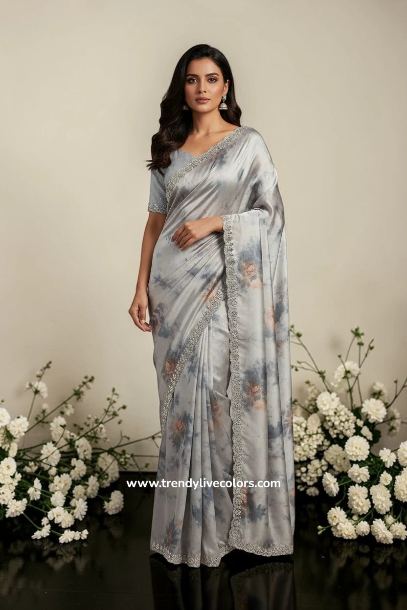 Grey Floral Satin Silk Designer Saree