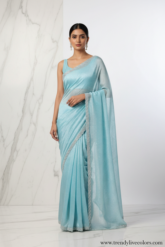 Woman wearing a light blue saree with a white background