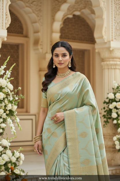 pista green banarasi saree