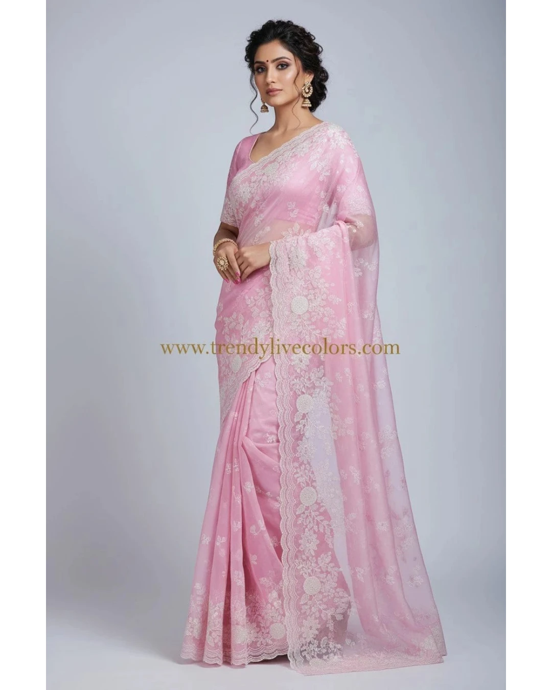 Pink Floral Organza saree
