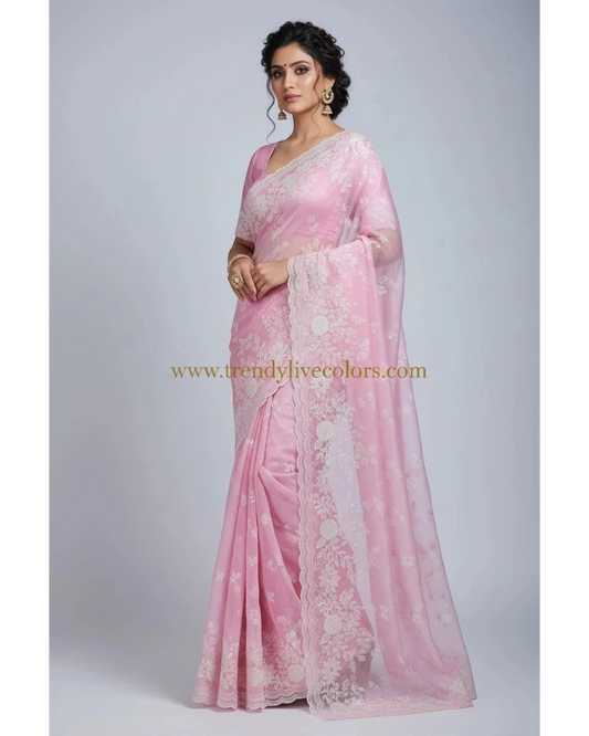 Pink Floral Organza saree