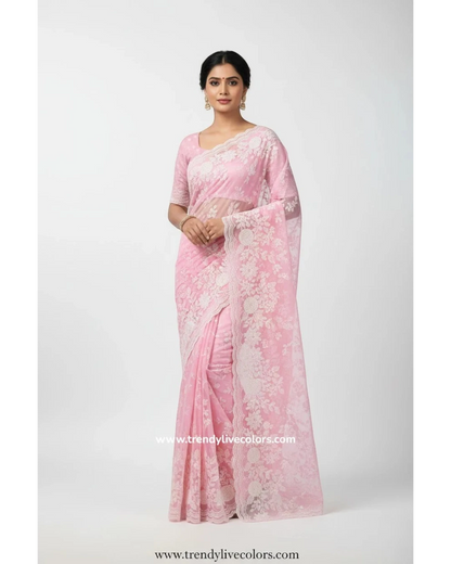 Pink Floral Organza saree