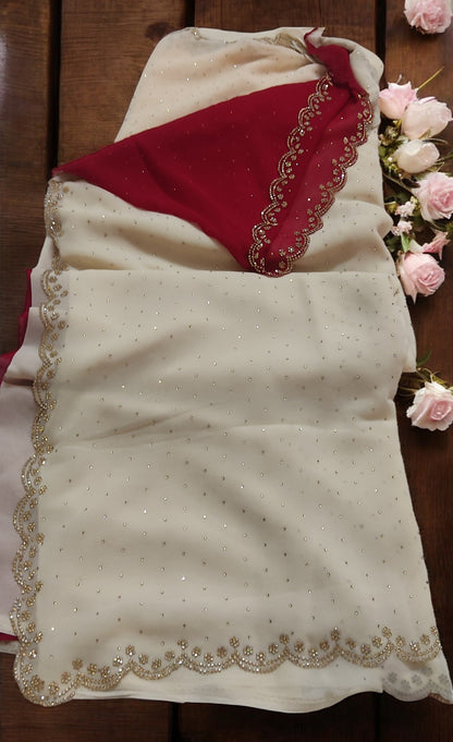 Cream Red color georgette saree