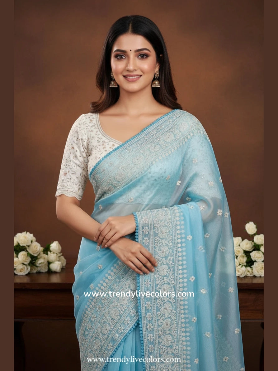Celestial Cerulean organza silk saree with delicate floral necklace embroidery and sheer frosted finish.