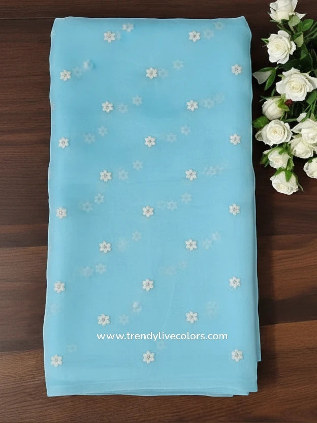 Celestial Cerulean organza silk saree with delicate floral necklace embroidery and sheer frosted finish.