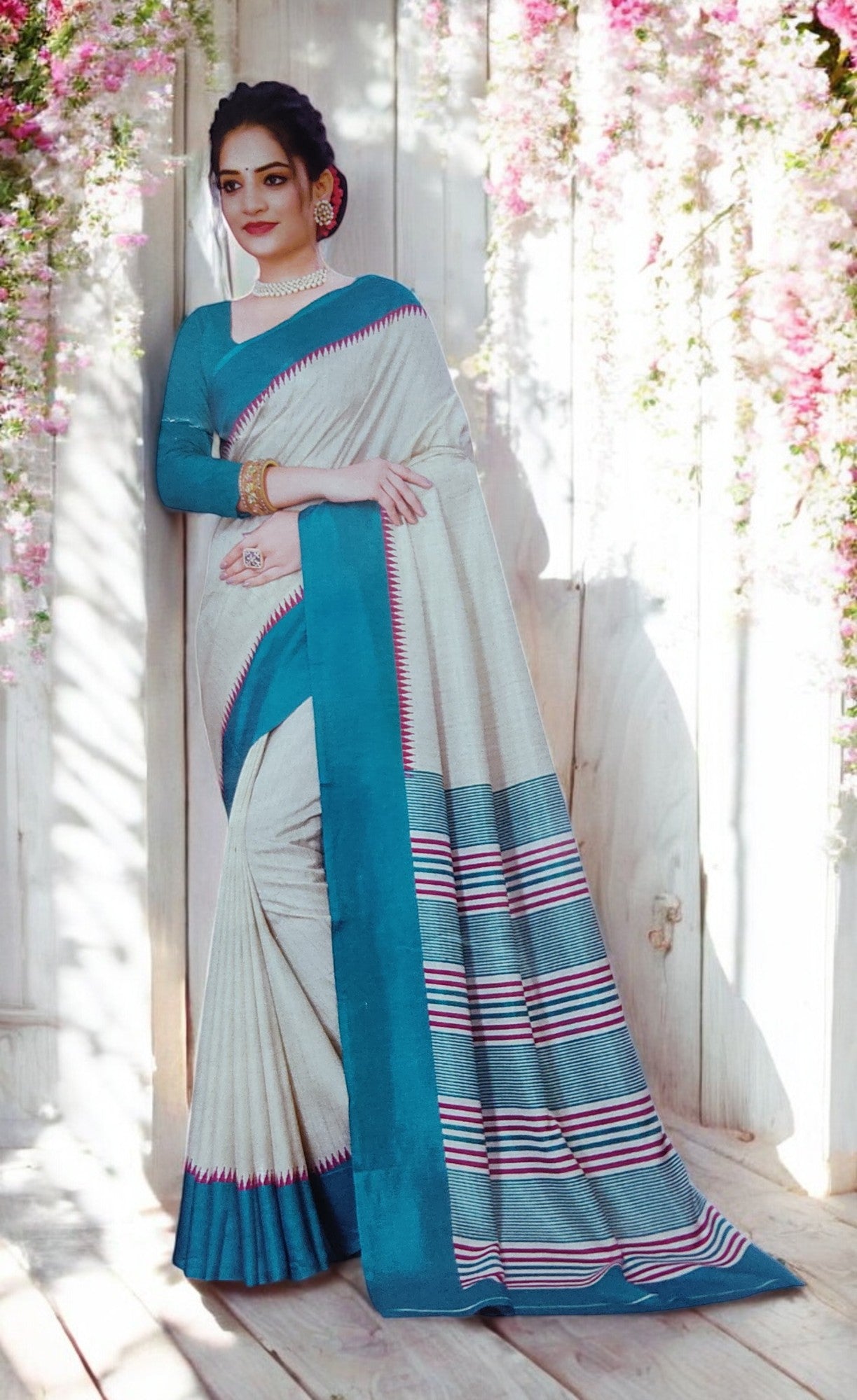 Cream Peacock Blue silk saree