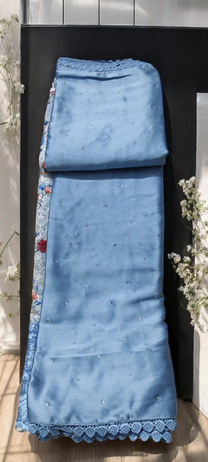 Designer Sky Blue Satin Sarees