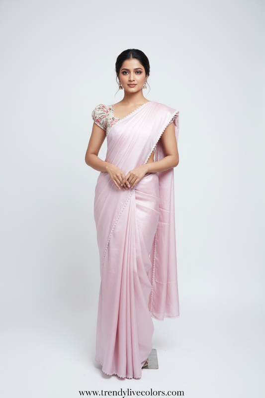 Designer Baby Pink Satin Saree