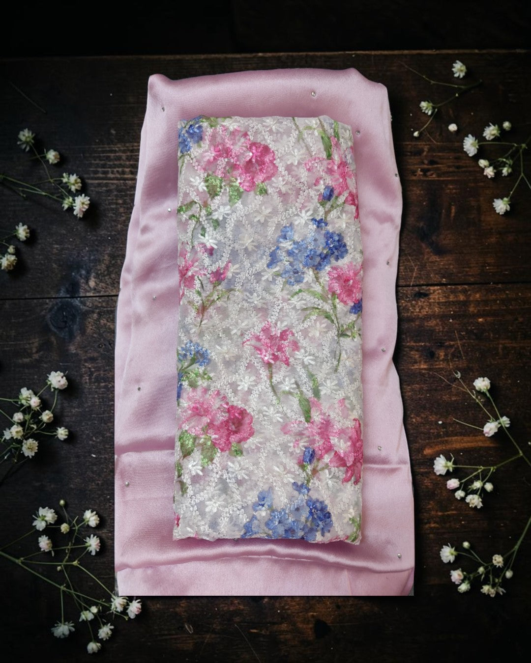 Designer Pastel Pink Satin Saree