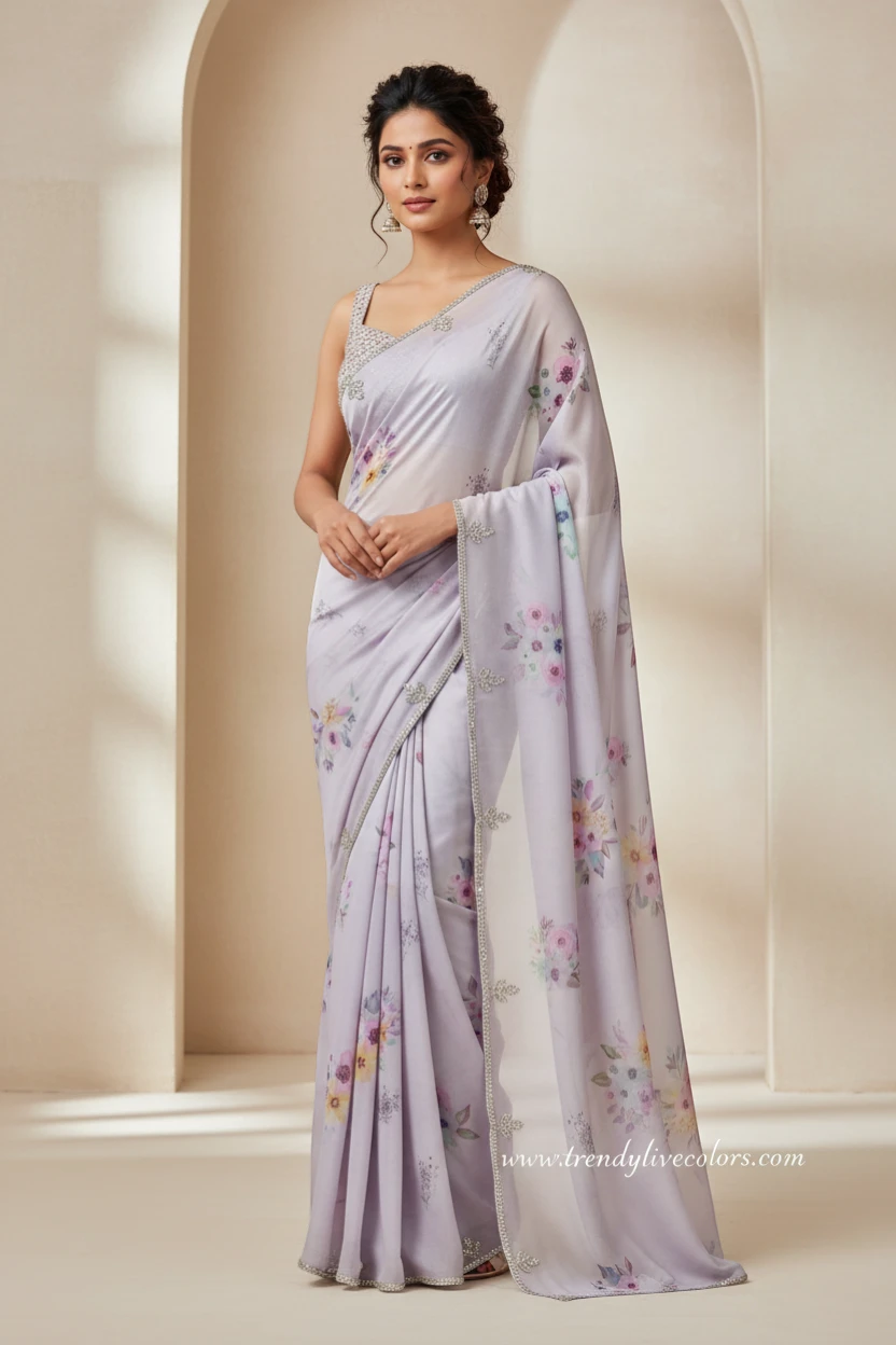 Amethyst haze purple floral saree with a shimmering stone work border.