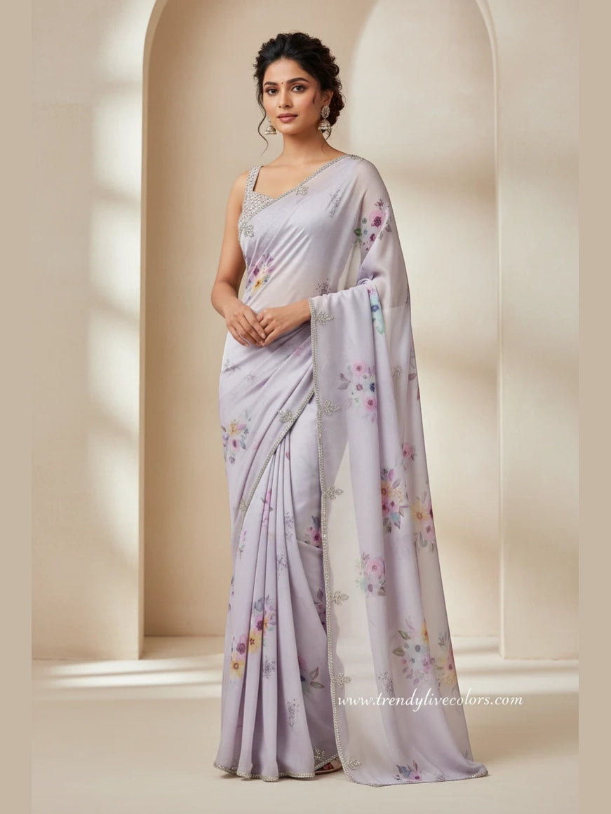 Amethyst haze purple floral saree with a shimmering stone work border.