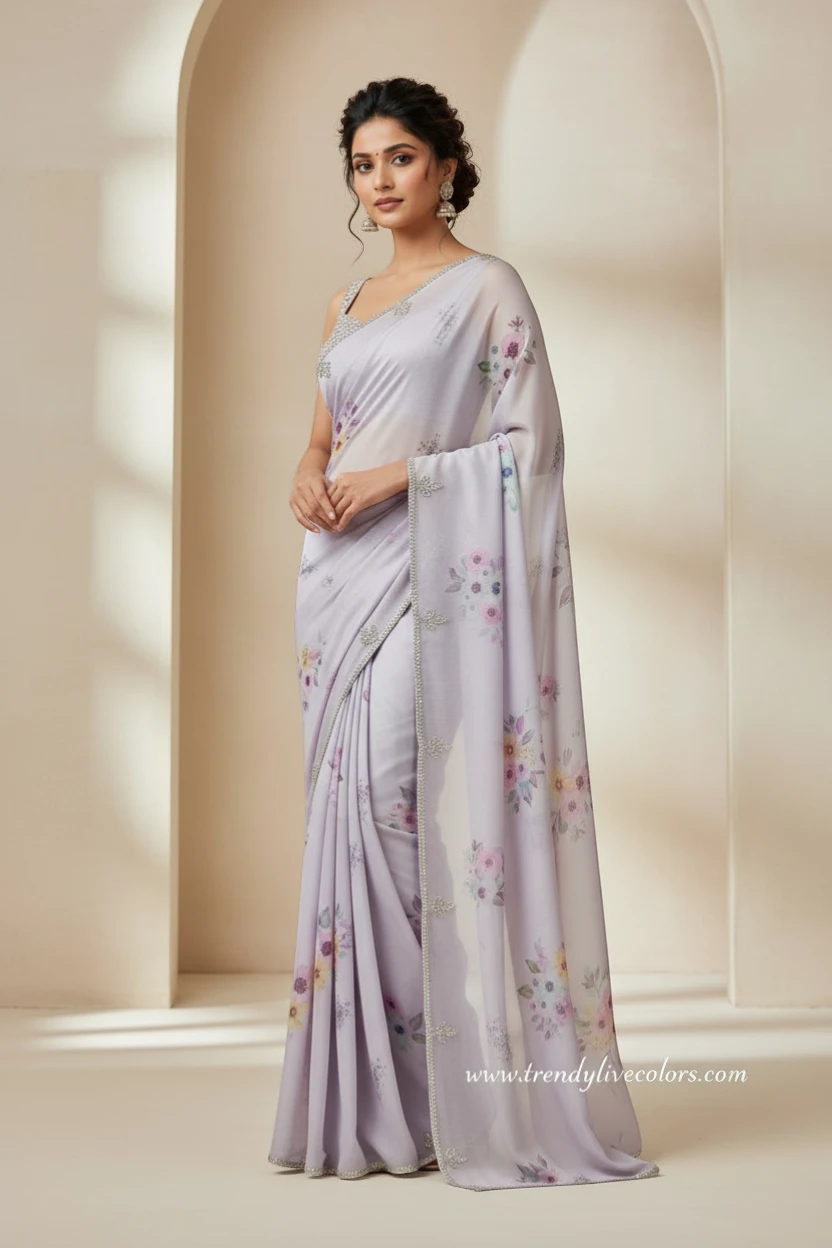 Amethyst haze purple floral saree with a shimmering stone work border.