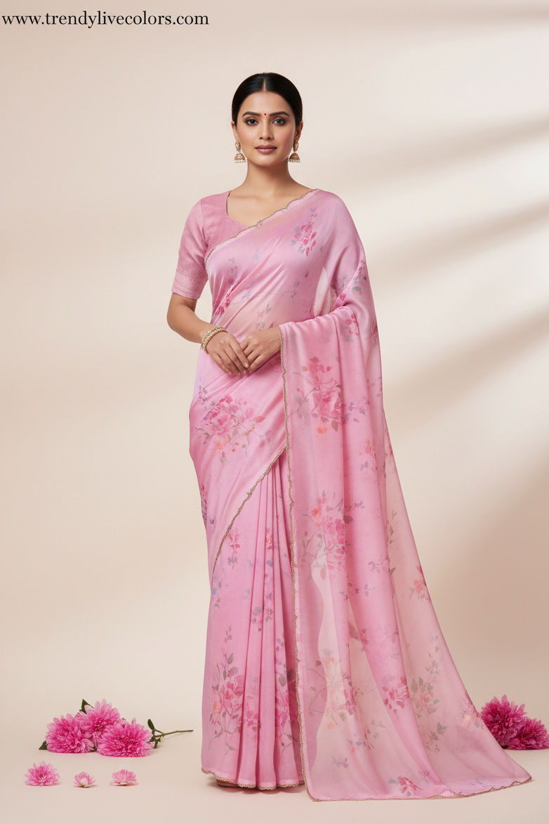 “Blush pink satin silk saree with floral design and stone work, lightweight party wear saree”