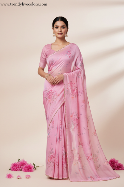“Blush pink satin silk saree with floral design and stone work, lightweight party wear saree”