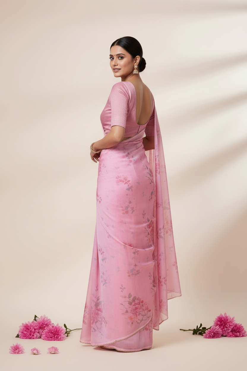 “Blush pink satin silk saree with floral design and stone work, lightweight party wear saree”