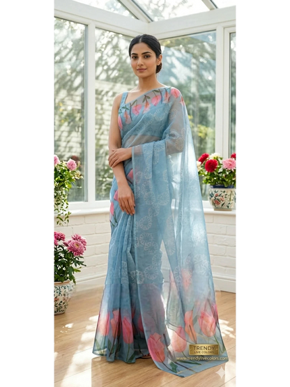 Blue Aura Floral georgette Saree