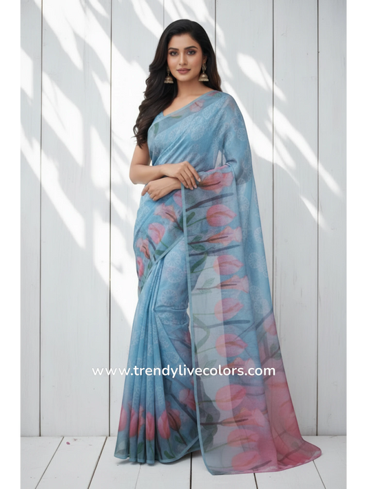 Sky Blue Georgette Saree with Pink Tulip Floral Print and Border