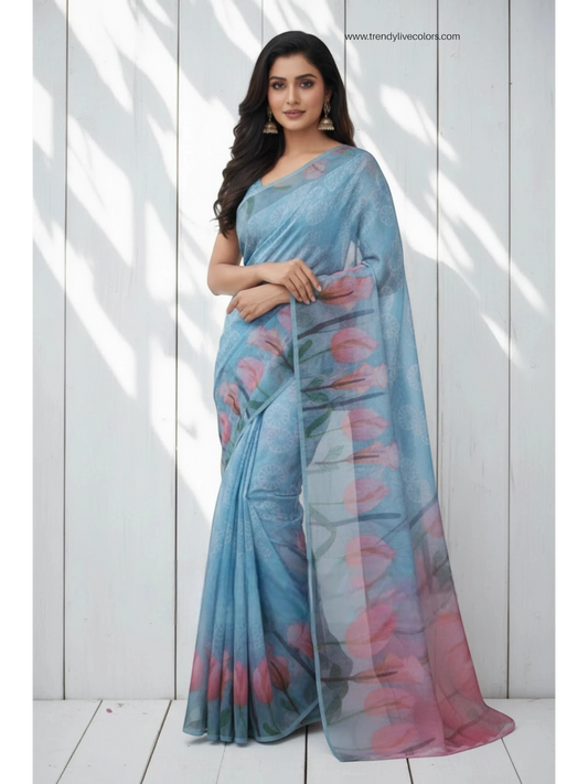 Blue Aura Floral georgette Saree