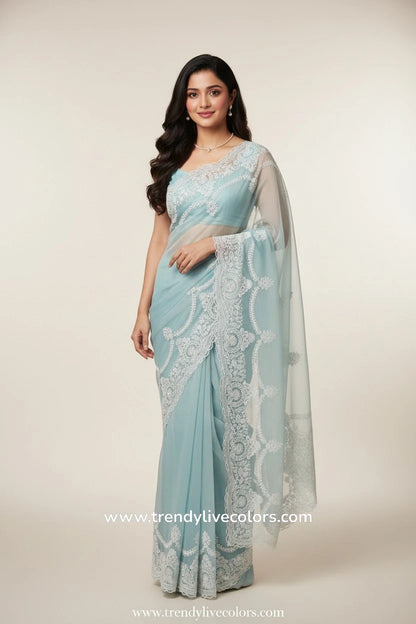 Sky blue floral organza saree