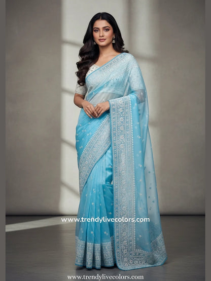 Celestial Cerulean organza silk saree with delicate floral necklace embroidery and sheer frosted finish.
