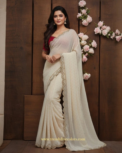 Cream Red color georgette saree