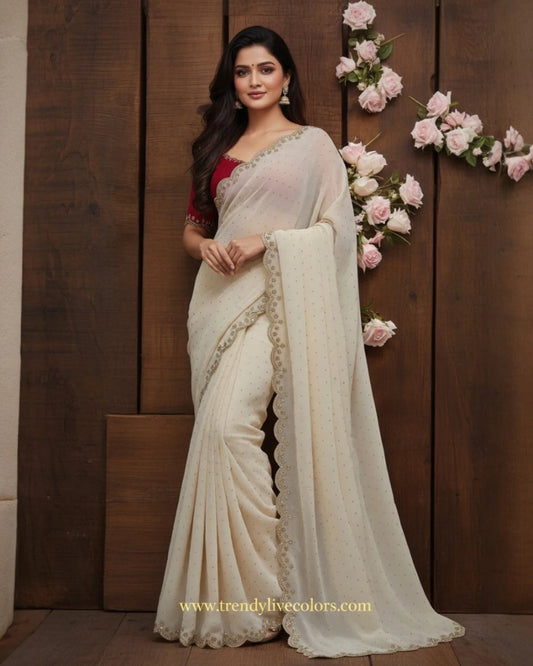 Cream Red color georgette saree