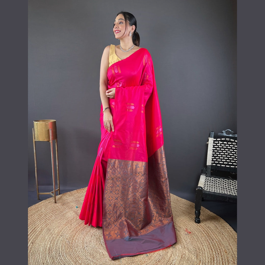 Hot Pink Copper Zari Silk Saree