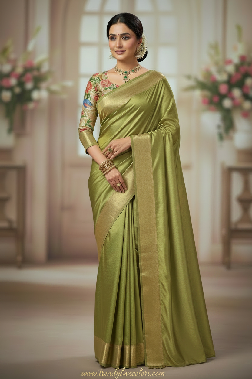 Plain Green Saree with designer Blouse