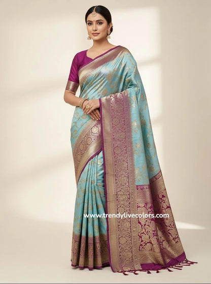 Sky Blue Golden Zari Banarasi Saree