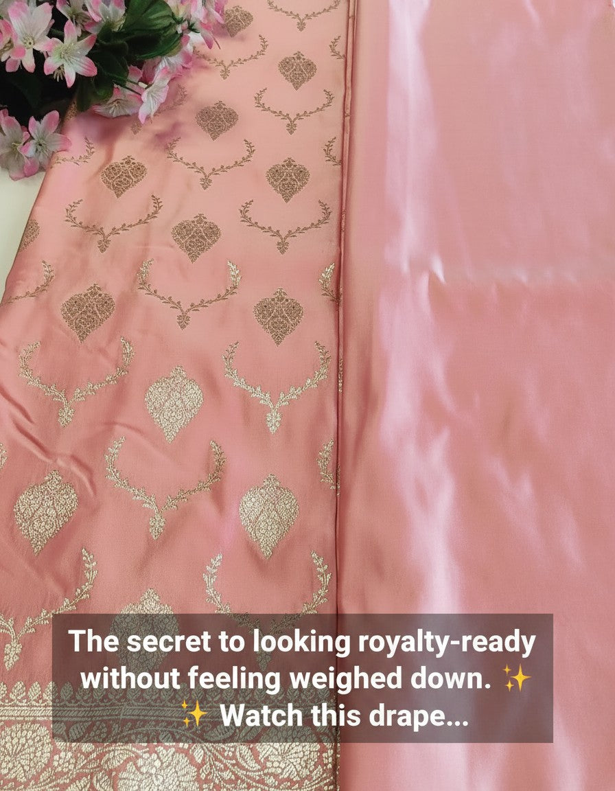 Live Colors peach Katan Banarasi silk saree featuring intricate golden zari floral and leaf patterns for weddings.