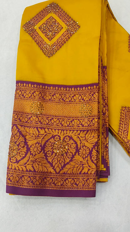 Yellow wine color silk saree