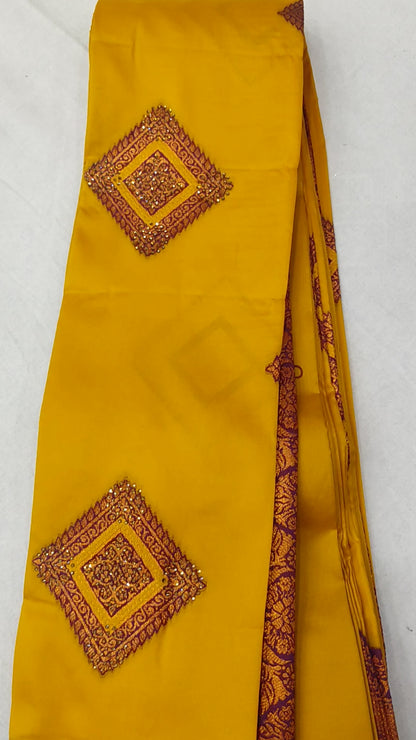 Yellow wine color silk saree