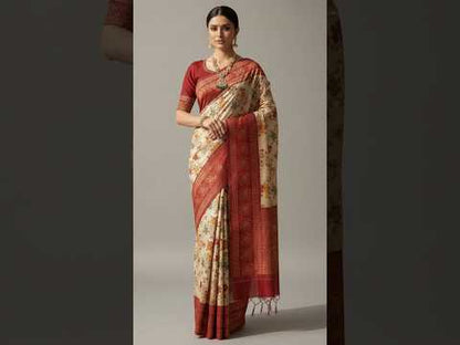 Pashmina Silk Cream Red Saree