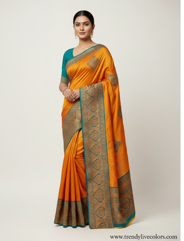 Kaveri pattu saree - Orange and Turquoise