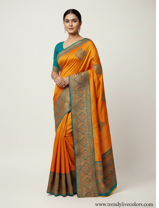 Kaveri pattu saree - Orange and Turquoise