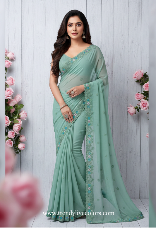 Pastel Green chiffon designer saree