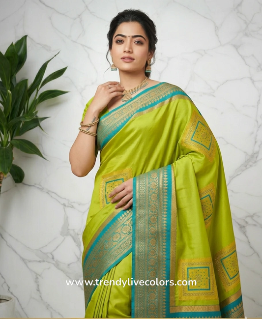 Parrot Green Kaveri Pattu Saree with Peacock Blue Border and Blouse