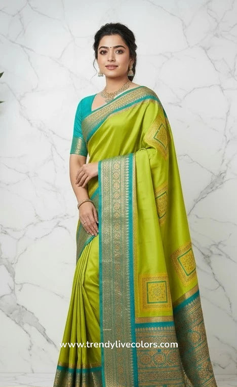 Parrot Green Kaveri Pattu Saree with Peacock Blue Border and Blouse