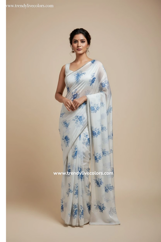 White & Sky blue satin saree