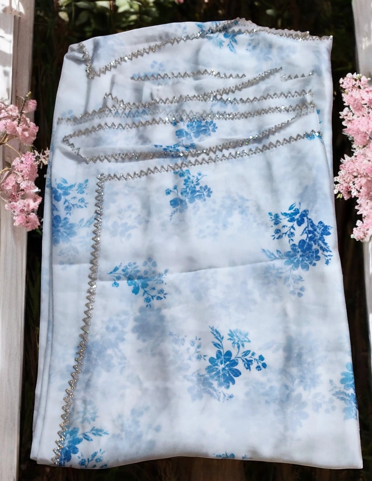 White & Sky blue satin saree